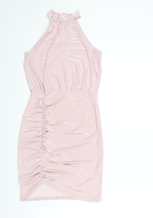 Missguided Womens Pink Polyester Mini Size 6 Mock Neck Button - Rouched