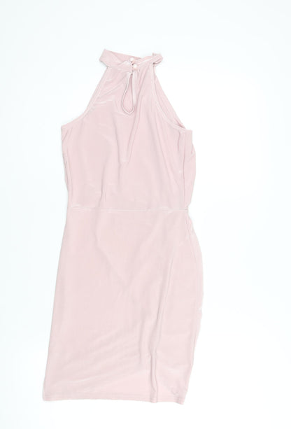 Missguided Womens Pink Polyester Mini Size 6 Mock Neck Button - Rouched