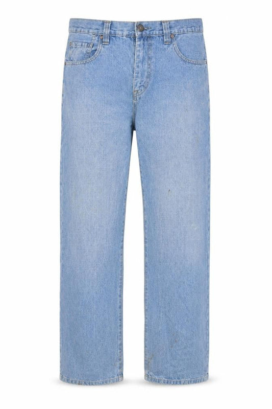 Front view of Easy men’s blue cotton straight jeans, size 34, in, 30-inch leg regular zip