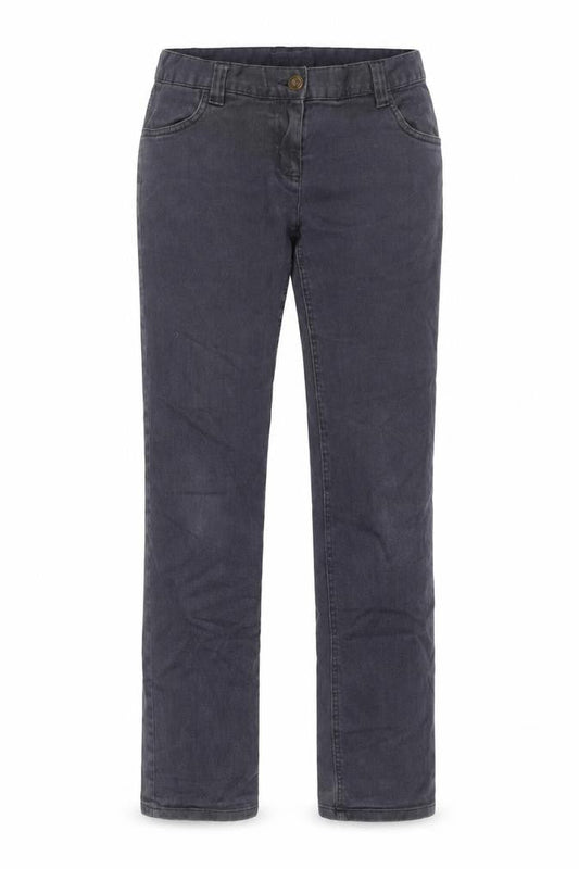 Front view of Moto women’s grey cotton straight jeans, size UK 12, 29-inch leg regular zip