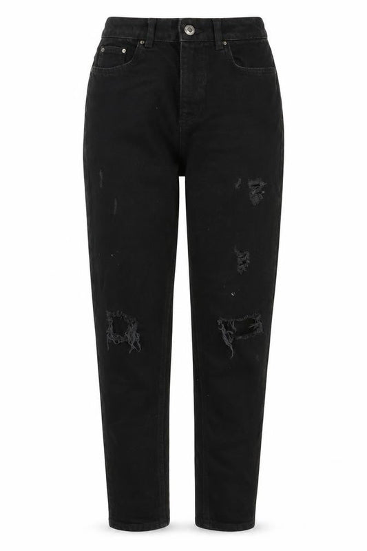 Front view of Denim & Co. women’s black cotton tapered jeans, size UK 6, 29-inch leg regular zip
