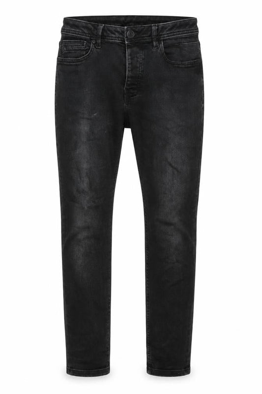 Front view of Denim & Co. men’s black cotton skinny jeans, size 32, in, 30-inch leg regular button