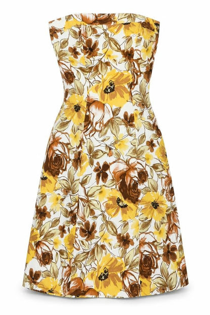 Front view of Wallis women’s brown floral cotton a-line, size UK 10, square neck zip - strapless
