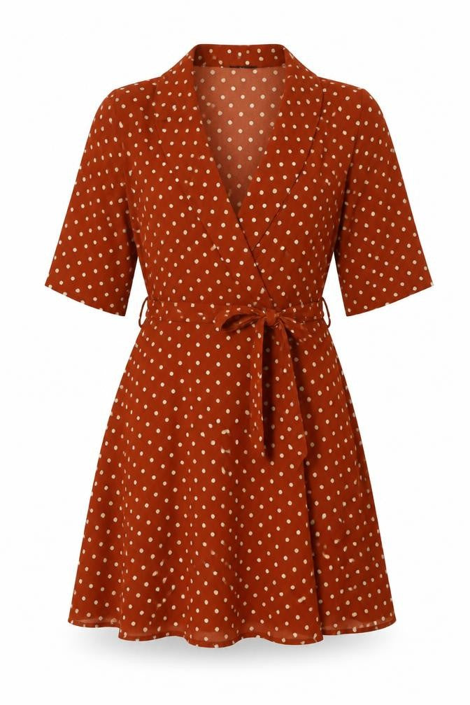 PRETTYLITTLETHING Womens Brown Polka Dot Polyester Fit & Flare Size 6 V-Neck Pullover