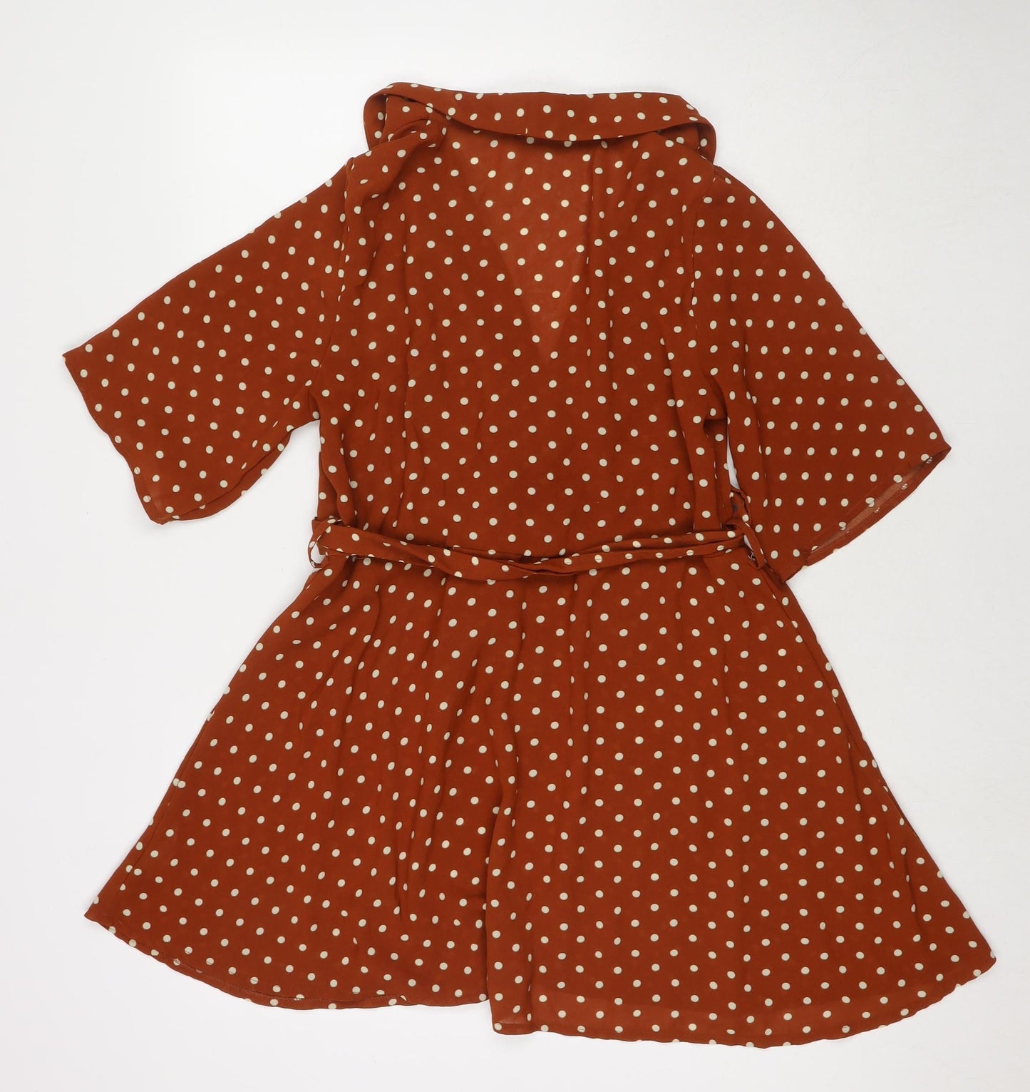 PRETTYLITTLETHING Womens Brown Polka Dot Polyester Fit & Flare Size 6 V-Neck Pullover