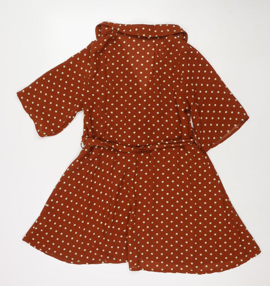 PRETTYLITTLETHING Womens Brown Polka Dot Polyester Fit & Flare Size 6 V-Neck Pullover