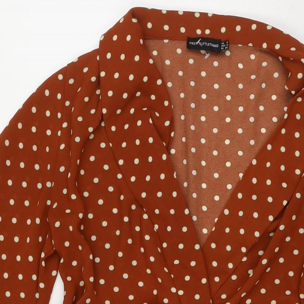 PRETTYLITTLETHING Womens Brown Polka Dot Polyester Fit & Flare Size 6 V-Neck Pullover