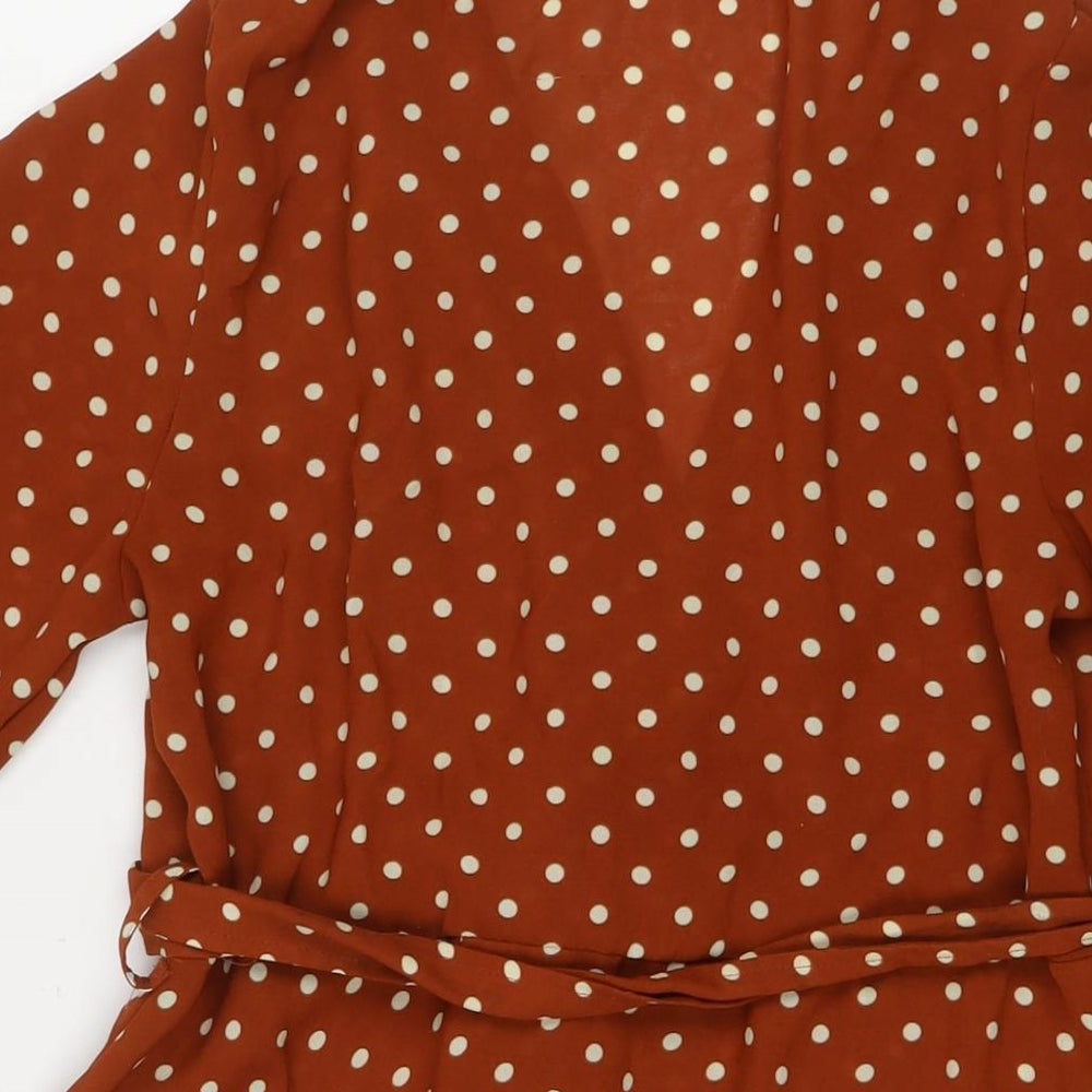 PRETTYLITTLETHING Womens Brown Polka Dot Polyester Fit & Flare Size 6 V-Neck Pullover