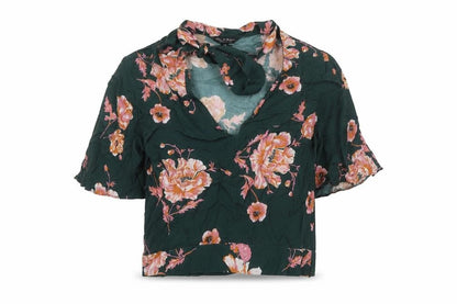 Miss Selfridge Womens Green Floral Viscose Basic T-Shirt Size 10 V-Neck