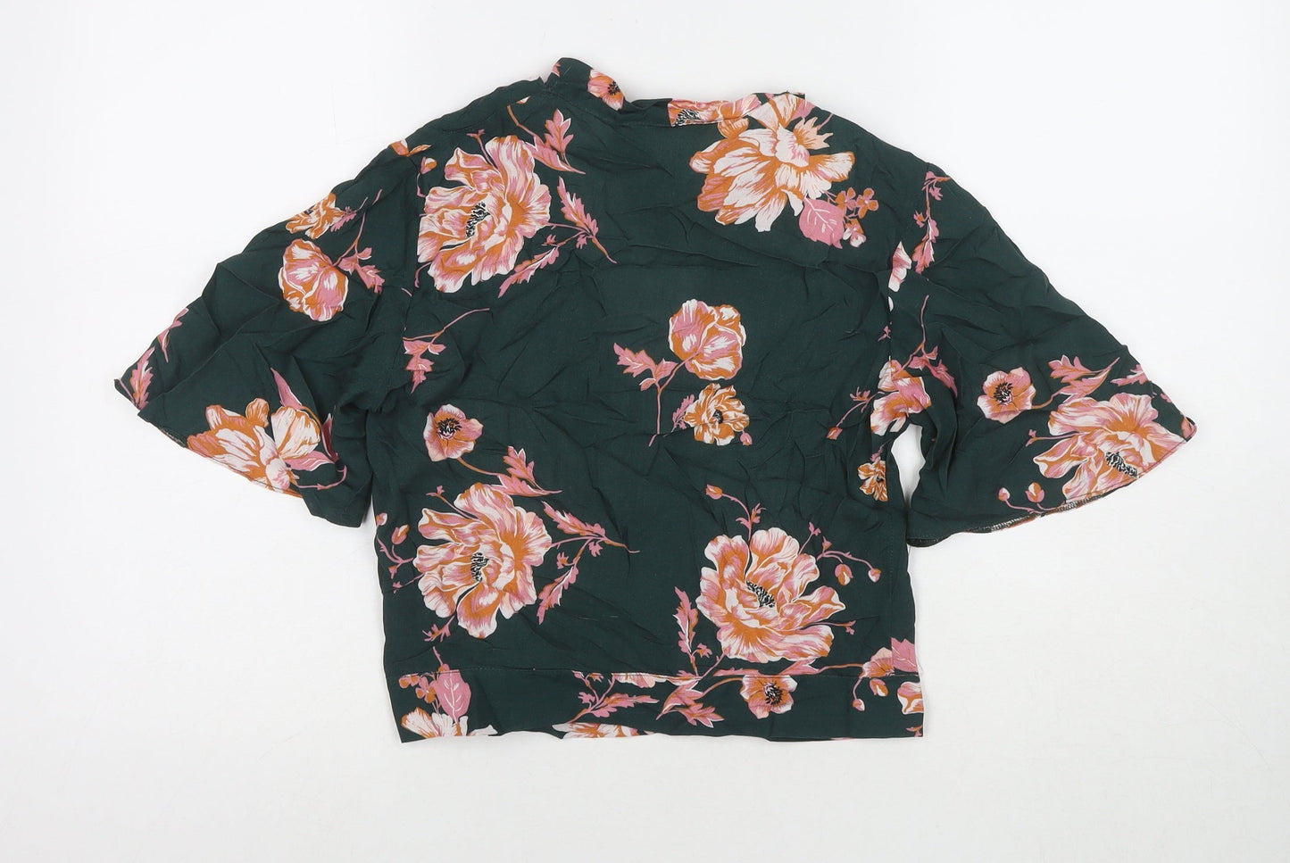 Miss Selfridge Womens Green Floral Viscose Basic T-Shirt Size 10 V-Neck