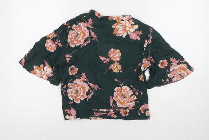 Miss Selfridge Womens Green Floral Viscose Basic T-Shirt Size 10 V-Neck