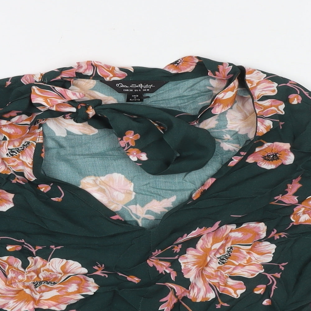 Miss Selfridge Womens Green Floral Viscose Basic T-Shirt Size 10 V-Neck