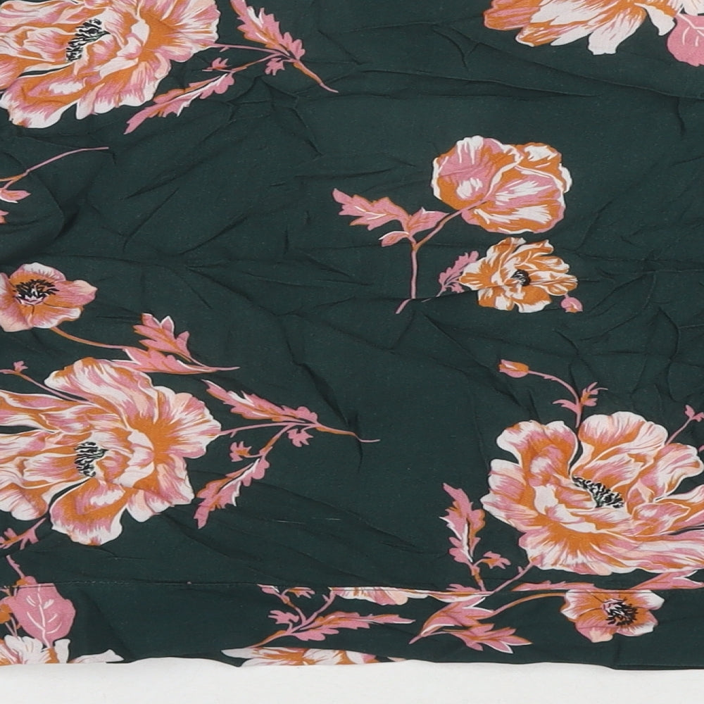 Miss Selfridge Womens Green Floral Viscose Basic T-Shirt Size 10 V-Neck