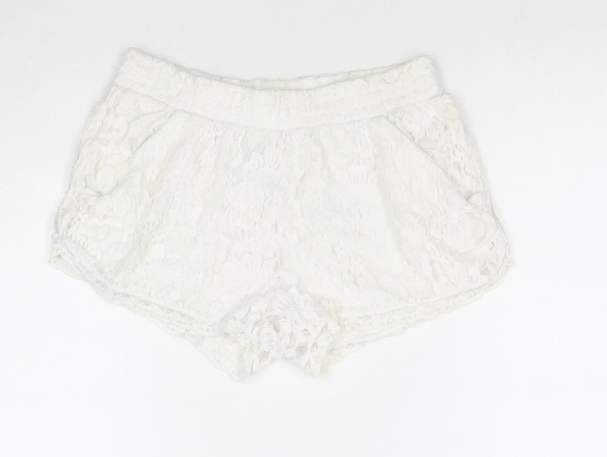 EC Womens White Polyester Hot Pants Shorts Size M L3 in Regular Pull On