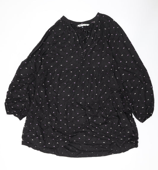 Zara Womens Black Polka Dot Viscose A-Line Size M V-Neck Pullover