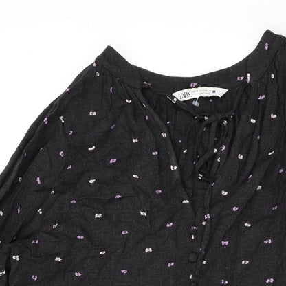 Zara Womens Black Polka Dot Viscose A-Line Size M V-Neck Pullover