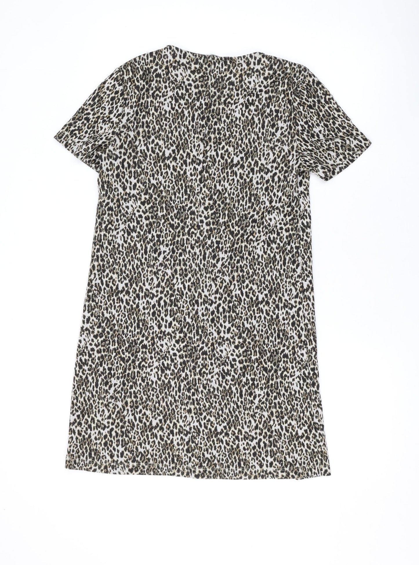 Mango Womens Brown Animal Print Polyester T-Shirt Dress Size S V-Neck Button