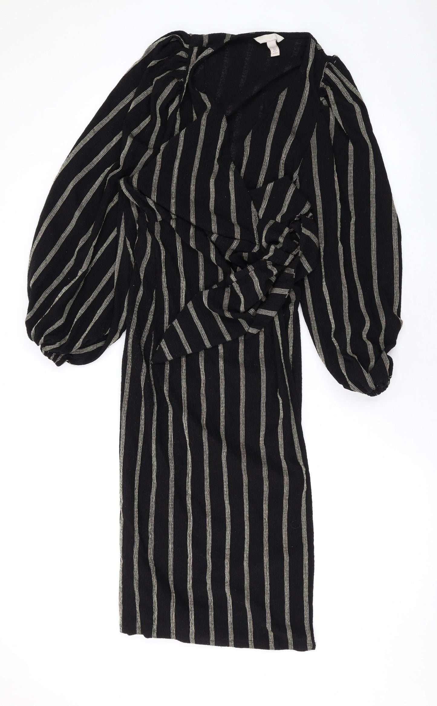 H&M Womens Black Striped Polyester Wrap Dress Size S V-Neck Tie