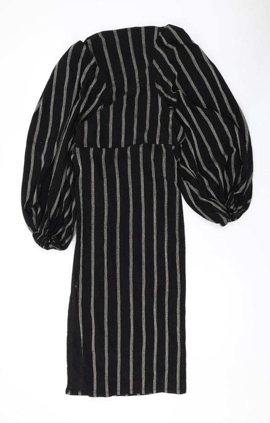 H&M Womens Black Striped Polyester Wrap Dress Size S V-Neck Tie