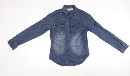 Denim & Co. Womens Blue Cotton Basic Button-Up Size 10 V-Neck