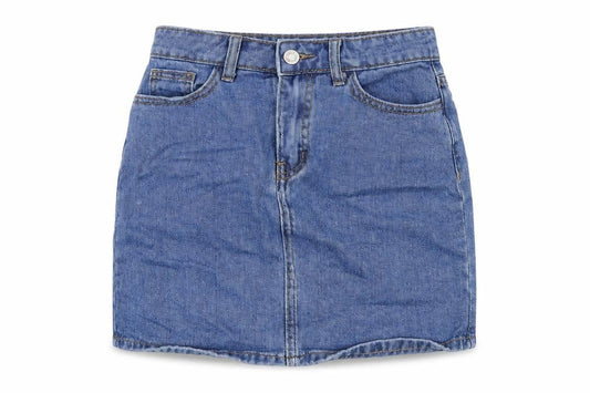 Front view of Denim & Co. women’s blue cotton mini skirt, size UK 6, zip