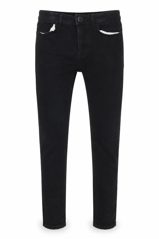 Front view of Denim & Co. men’s black cotton skinny jeans, size 28, in, 29-inch leg regular zip