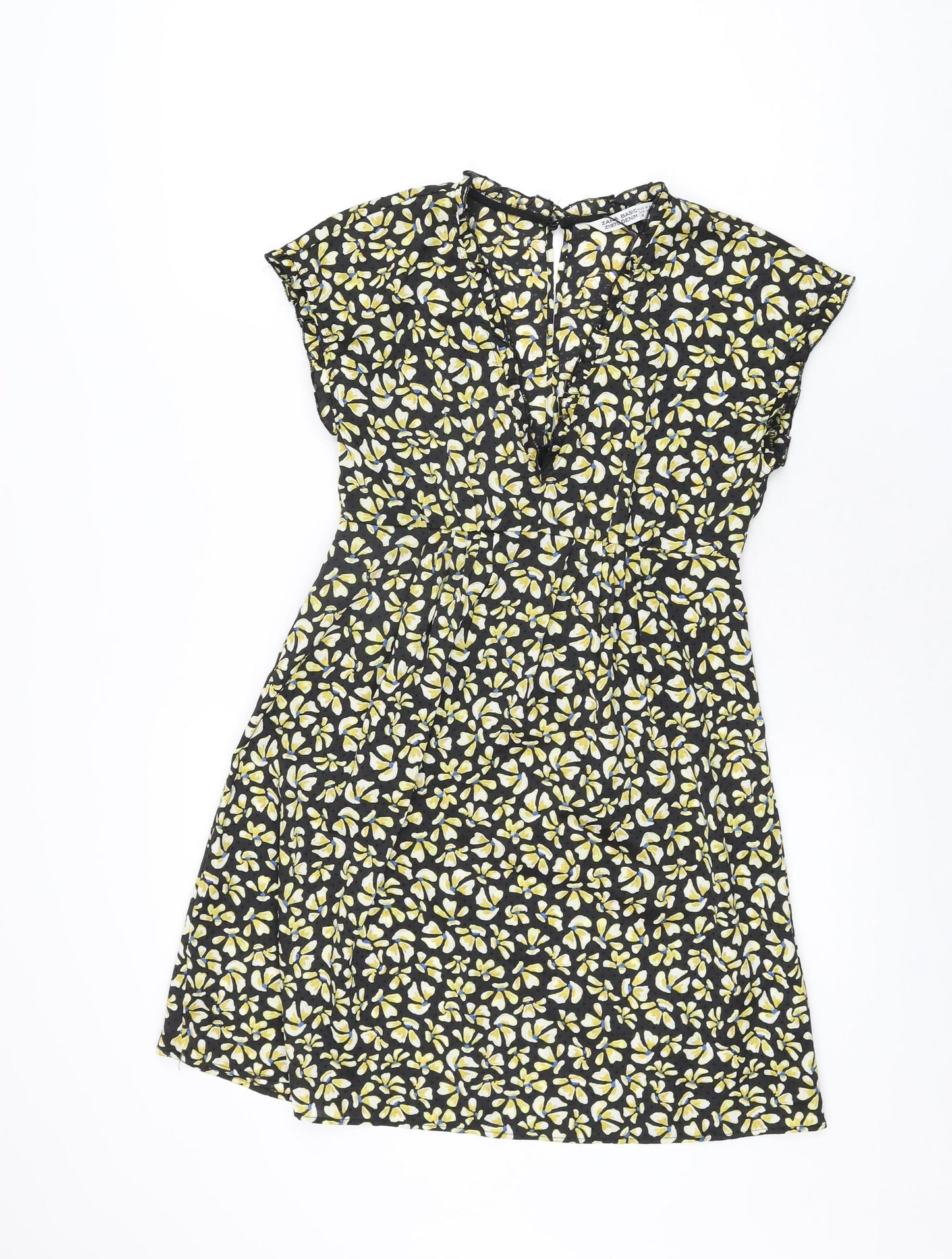 Zara Womens Black Floral Polyester Skater Dress Size XS V-Neck Button