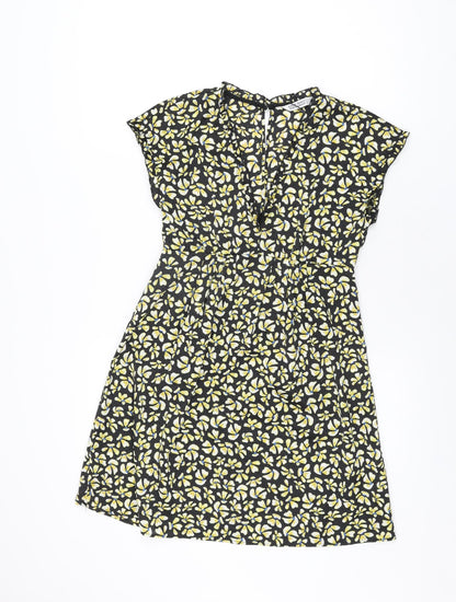 Zara Womens Black Floral Polyester Skater Dress Size XS V-Neck Button