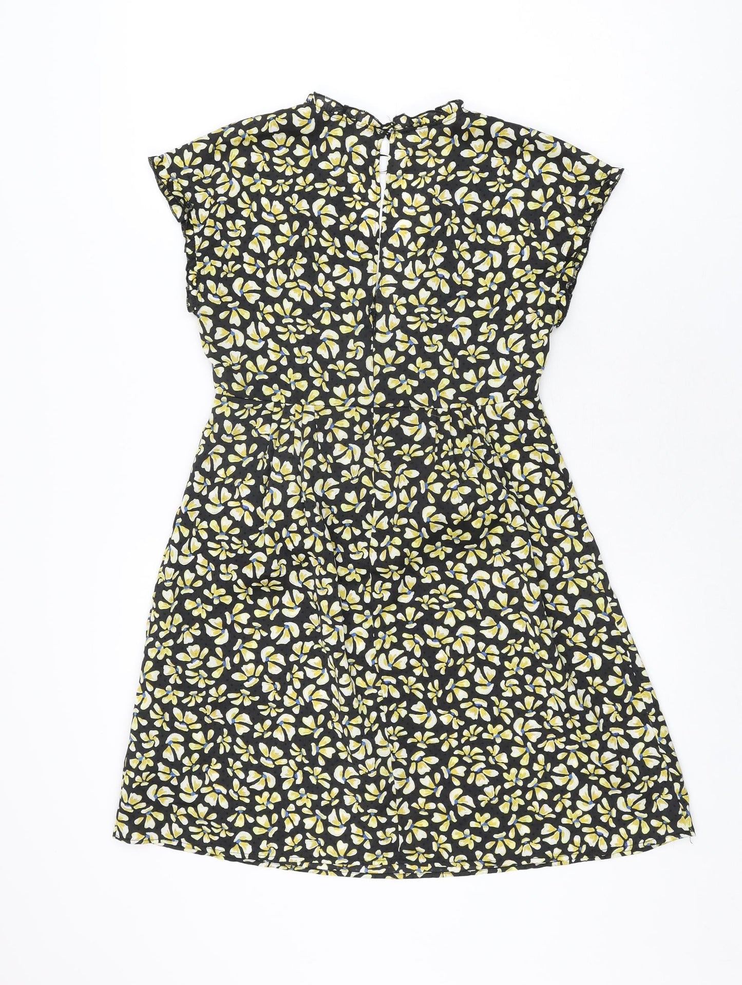 Zara Womens Black Floral Polyester Skater Dress Size XS V-Neck Button