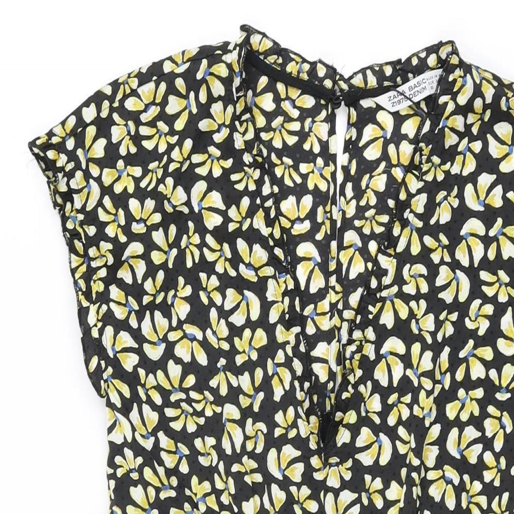 Zara Womens Black Floral Polyester Skater Dress Size XS V-Neck Button