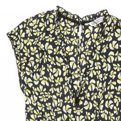 Zara Womens Black Floral Polyester Skater Dress Size XS V-Neck Button