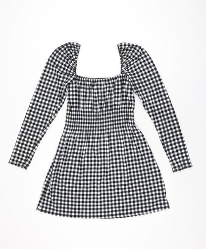 H&M Womens Black Gingham Polyester Mini Size S Square Neck Pullover