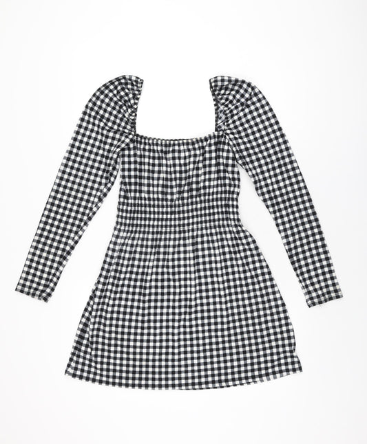 H&M Womens Black Gingham Polyester Mini Size S Square Neck Pullover