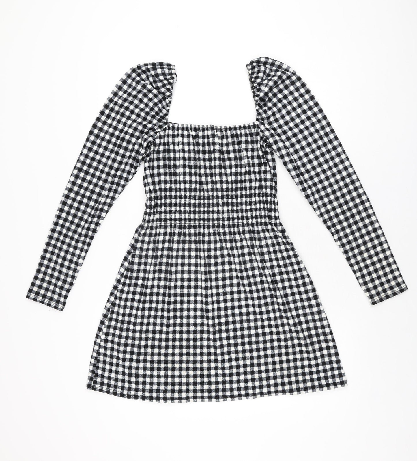 H&M Womens Black Gingham Polyester Mini Size S Square Neck Pullover