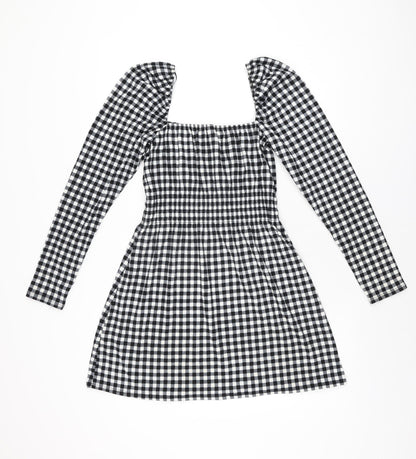 H&M Womens Black Gingham Polyester Mini Size S Square Neck Pullover