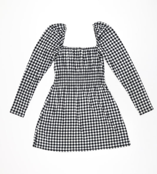 H&M Womens Black Gingham Polyester Mini Size S Square Neck Pullover