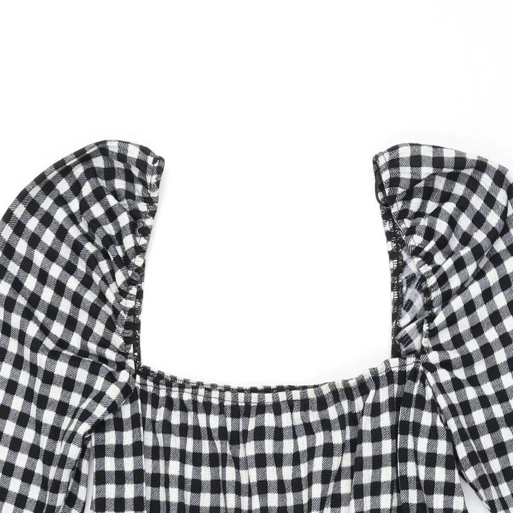 H&M Womens Black Gingham Polyester Mini Size S Square Neck Pullover