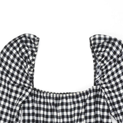 H&M Womens Black Gingham Polyester Mini Size S Square Neck Pullover