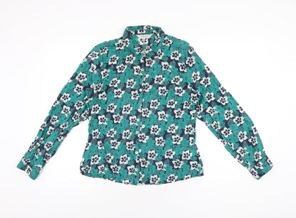 EAST Womens Green Floral Cotton Basic Button-Up Size 12 Collared