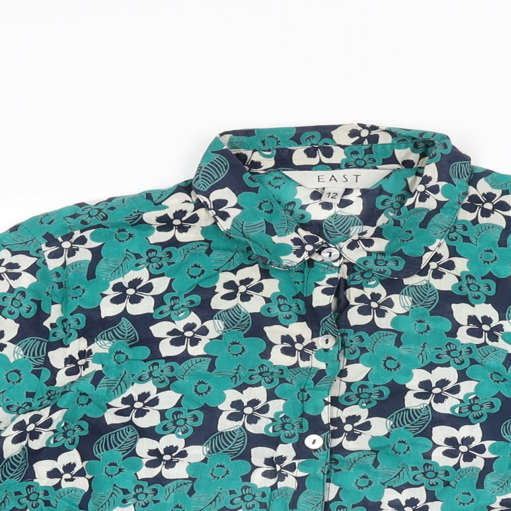 EAST Womens Green Floral Cotton Basic Button-Up Size 12 Collared