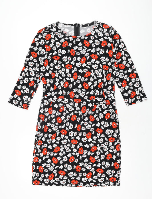 Very Womens Black Floral Polyester Bodycon Size 12 Round Neck Zip