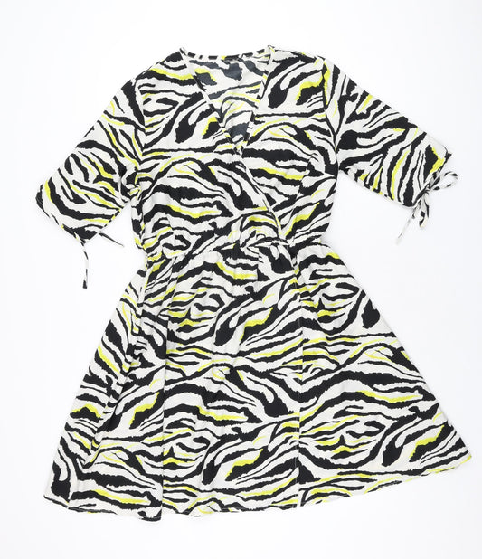 Influence Womens White Animal Print Polyester Skater Dress Size 10 V-Neck Pullover