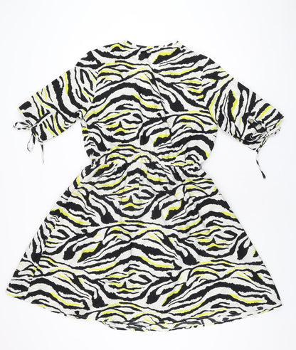 Influence Womens White Animal Print Polyester Skater Dress Size 10 V-Neck Pullover