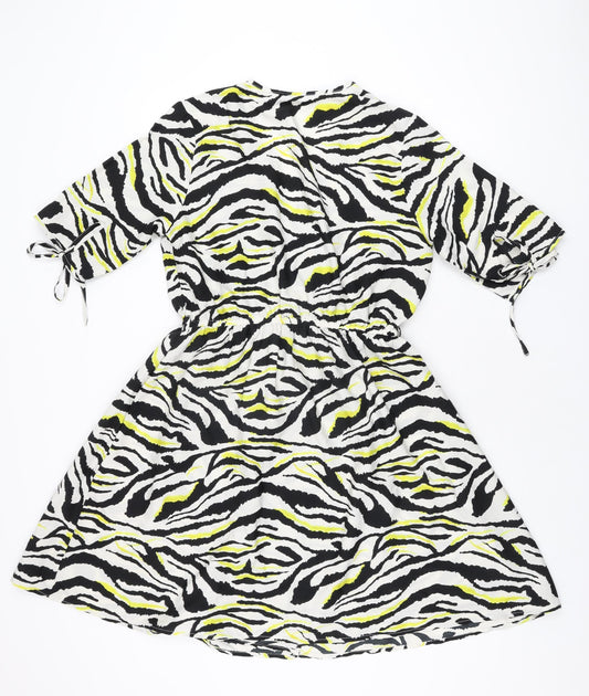 Influence Womens White Animal Print Polyester Skater Dress Size 10 V-Neck Pullover