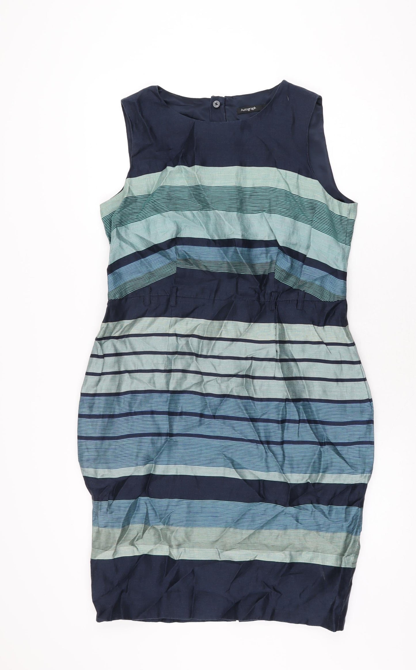 Autograph Womens Blue Striped Linen Bodycon Size 14 Boat Neck Zip