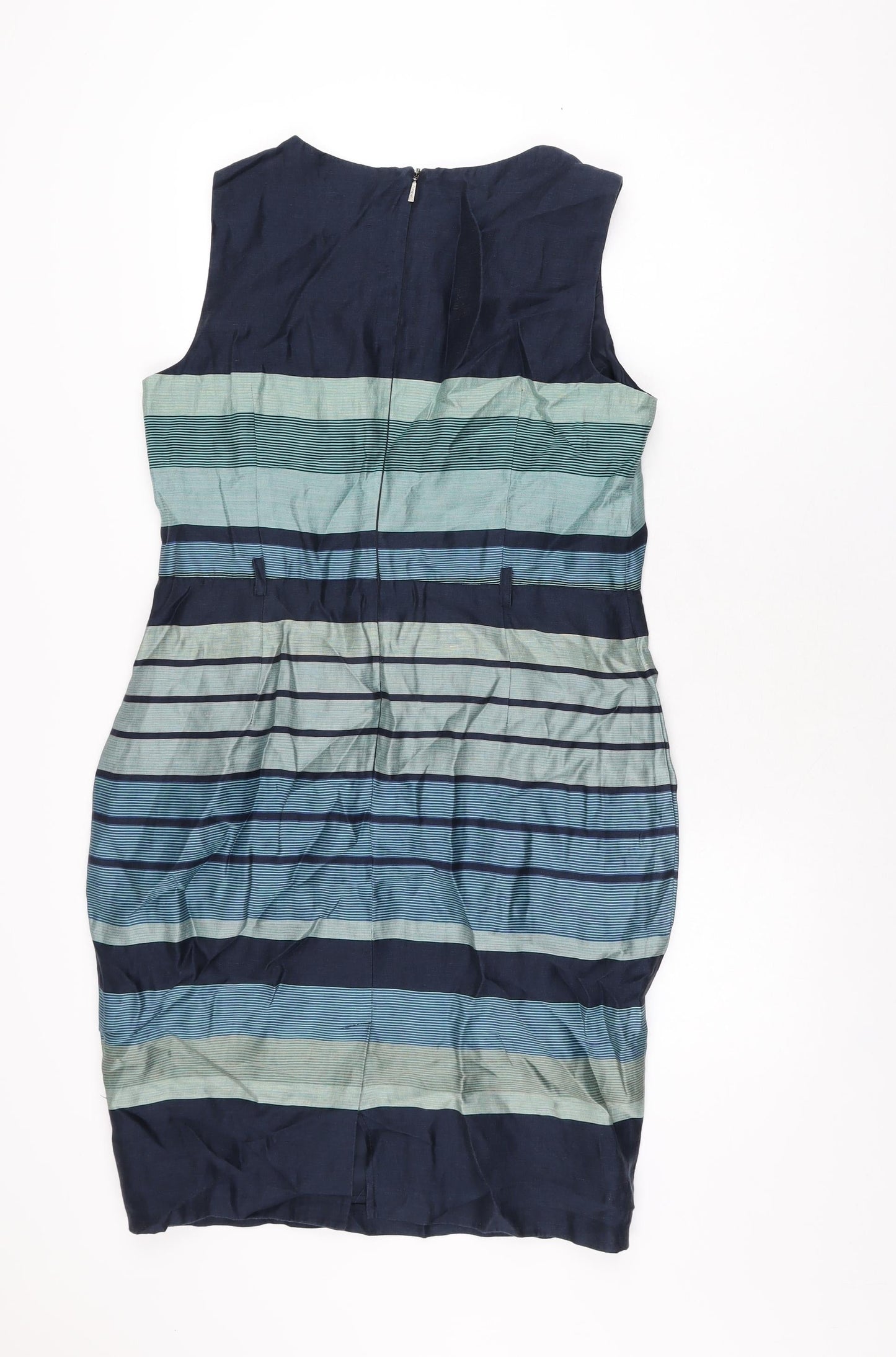 Autograph Womens Blue Striped Linen Bodycon Size 14 Boat Neck Zip