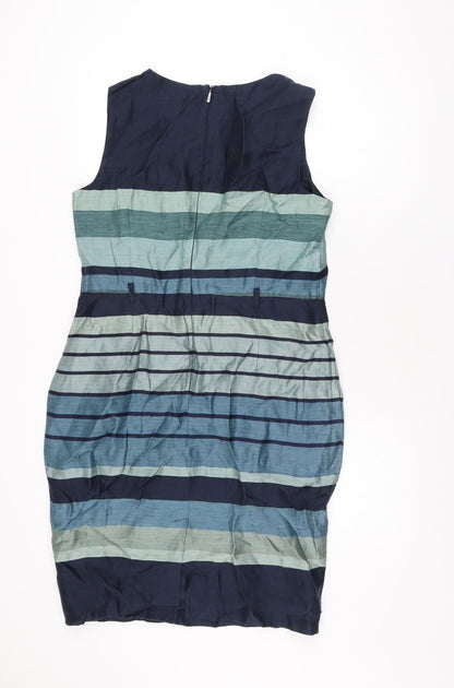 Autograph Womens Blue Striped Linen Bodycon Size 14 Boat Neck Zip