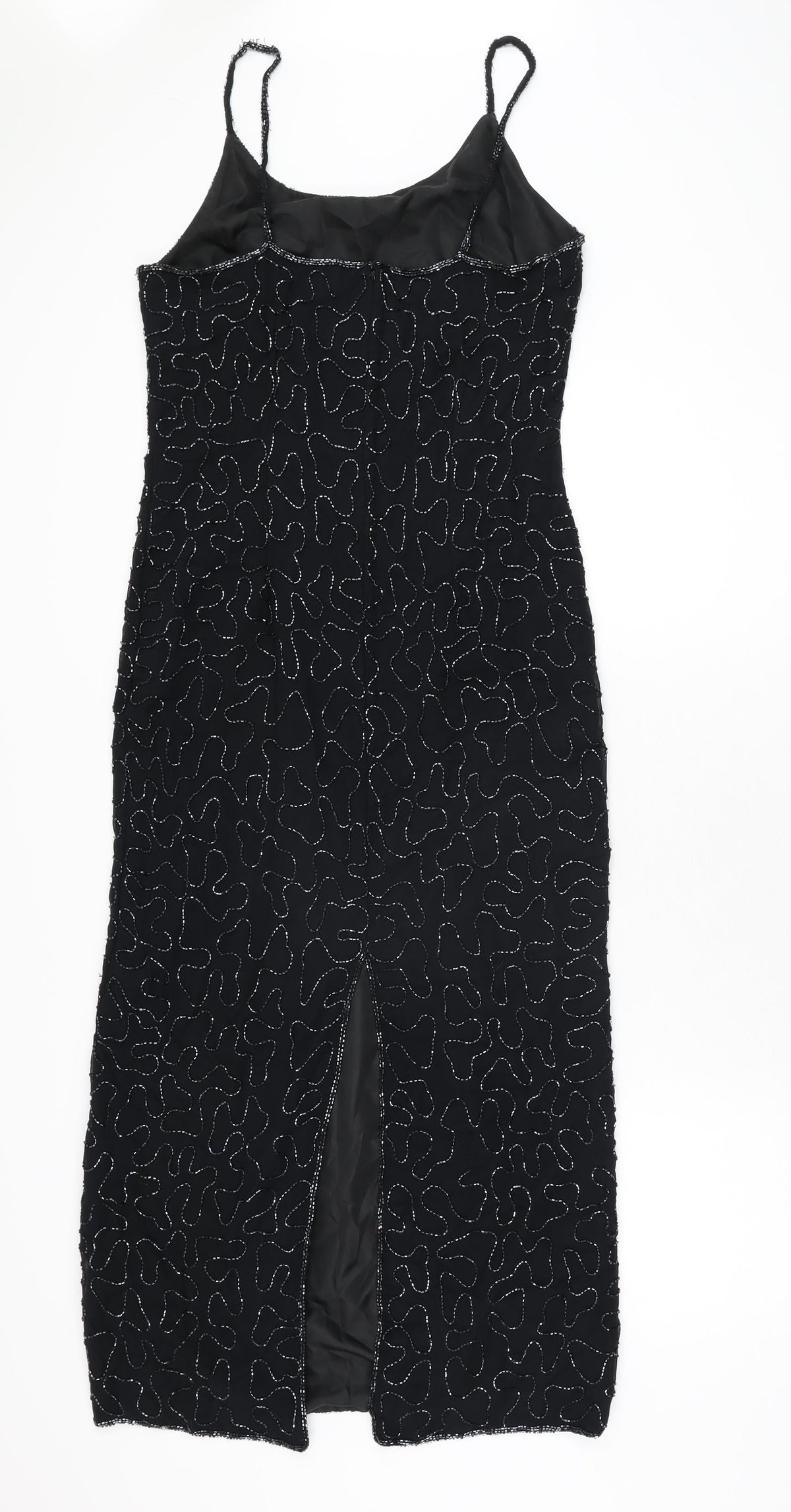 Back view of Canda women’s black geometric polyester bodycon, size UK 12, scoop neck zip