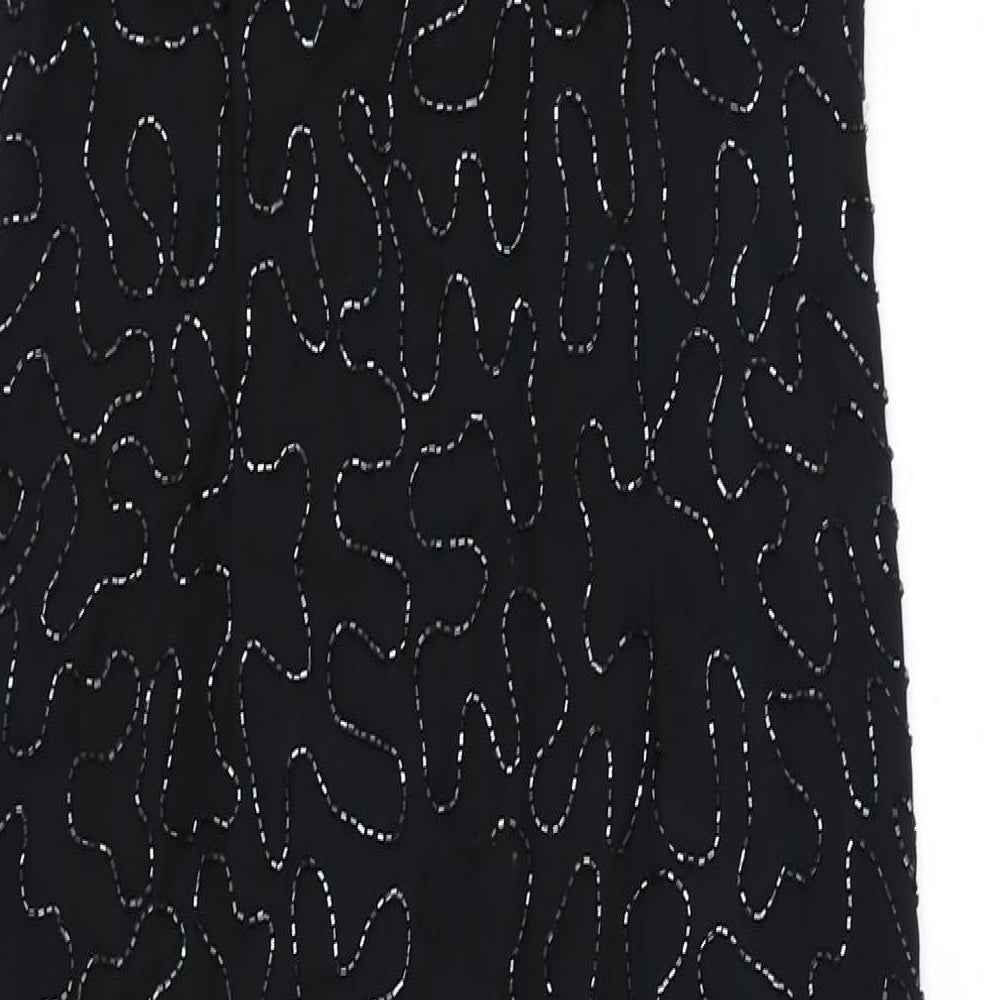 Close-up detail of Canda women’s black geometric polyester bodycon, size UK 12, scoop neck zip