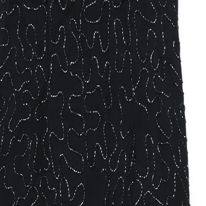 Close-up detail of Canda women’s black geometric polyester bodycon, size UK 12, scoop neck zip